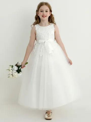 Girls Elegant Lace Flower Embroidery Mesh Tutu Gown With Large Bow For Wedding Birthday Party Princess Formal Dress