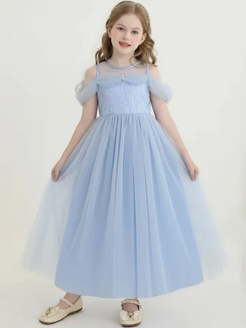 Girls Princess Dress Light Blue Tulle Mesh Gown Birthday Party Wedding Performance Off Shoulder Sequin Kids Formal Dress