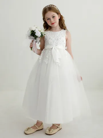 Girls Elegant Lace Flower Embroidery Mesh Tutu Gown With Large Bow For Wedding Birthday Party Princess Formal Dress