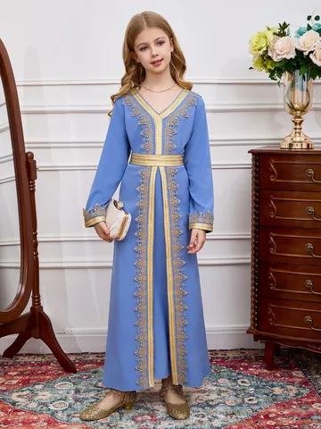 Girls Middle East Kaftan Abaya Long Dress Gold Embroidery Lace Trim Muslim Kids Evening Gown Party Dress