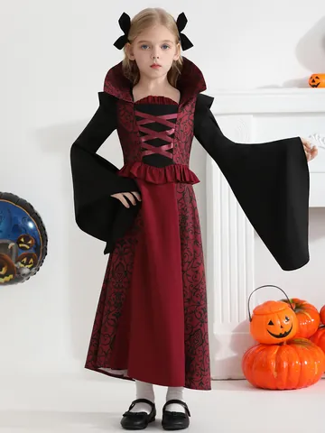 Costume Da Vampiro Per Bambine Halloween Medievale Strega Regina Gotico Collo Coreana Manica A Campana Vestito Da Festa Cosplay