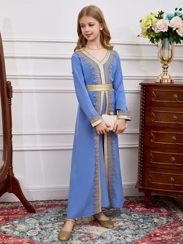 Girls Middle East Kaftan Abaya Long Dress Gold Embroidery Lace Trim Muslim Kids Evening Gown Party Dress