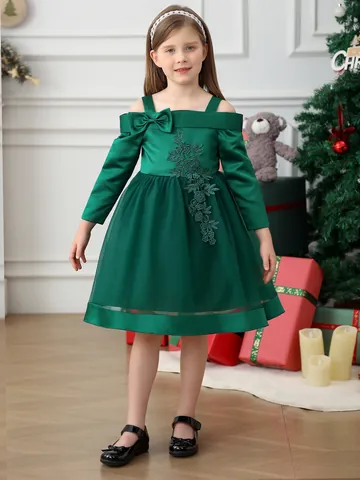 Girls Christmas Dress Dark Green Off-Shoulder Bow Floral Embroidery Mesh Tutu Princess Formal Gown Party Festive Dress