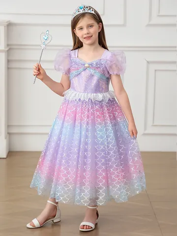 Girls Mermaid Princess Dress Sequins Puff Sleeve Gradient Mesh Tulle Gown For Halloween Cosplay Birthday Party Performance Performance Outfit Kids