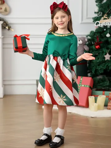 Girls Christmas Dress Satin Long Sleeve Striped Snowflake Print Party Gown With Bow Headband For Children Toddlers Gown