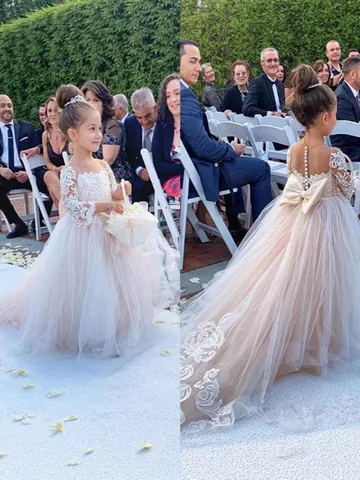 Elegant Girls Lace Tulle Flower Girl Dress Long Sleeve Princess Party Gown With Large Bow And Trailing For Wedding Birthday