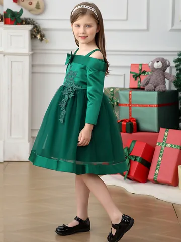 Girls Christmas Dress Dark Green Off-Shoulder Bow Floral Embroidery Mesh Tutu Princess Formal Gown Party Festive Dress