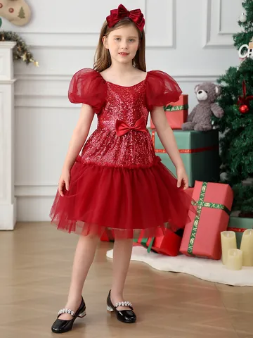Girls Sequin Lace Puff Sleeve Princess Dress Flower Girl Wedding Tutu Tulle Gown Christmas Party Dress Wine Red
