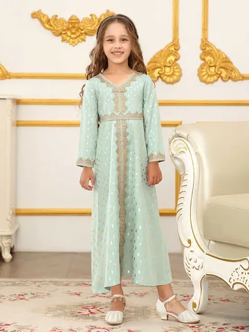 Middle Eastern Dubai Girl Kaftan Printed Gown Kids Long Sleeve Ethnic Dress Mint Green Gold Polka Dot Holiday Gown For Girls