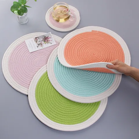 Nordische Runde Gewebte Baumwollseil Platzdeckchen Und Untersetzer Hitzebeständig Rutschfest Macaron Farbe Tischmatten Für Küche Esszimmer Heimdekor