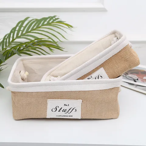 Japanese Minimalist Jute Storage Basket Foldable Desktop Organizer With Cotton Rope Handles And Fabric Lining For Home Office