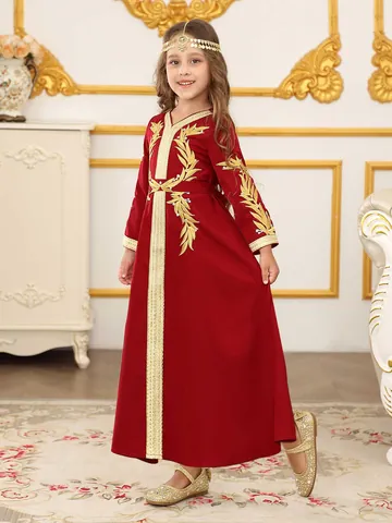 Vestido Kaftan Abaya Niñas Granate Poliéster Satén Bordado de Hojas de Oro Niños Étnico Medio Oriente Formal Vacaciones Maxi Túnica
