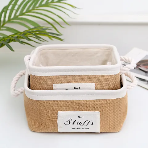 Japanese Minimalist Jute Storage Basket Foldable Desktop Organizer With Cotton Rope Handles And Fabric Lining For Home Office