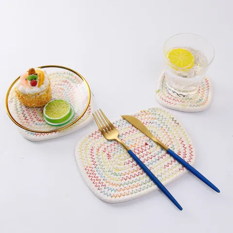 Handwoven Cotton Rope Coasters Square Rectangular Placemats Heat Resistant Non-Slip Dining Table Mats For Coffee Tea Kitchen Decor