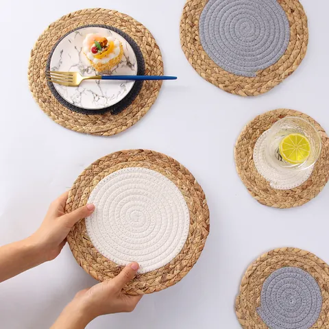 Round Braided Placemats Heat Resistant Water Hyacinth And Cotton Rope Spliced Table Mats Boho Rustic Home Kitchen Decor