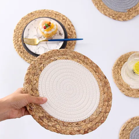 Round Braided Placemats Heat Resistant Water Hyacinth And Cotton Rope Spliced Table Mats Boho Rustic Home Kitchen Decor