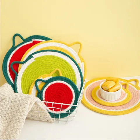 Fruit Slice Pattern Braided Cotton Placemat Handmade Heat Insulated Round Coaster Trivet Table Decor For Kitchen Dining