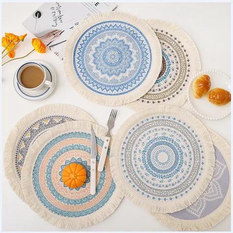 Ronde Geweven Katoenen Placemat Met Kwasten Mandala Bloemen Etnisch Patroon Hittebestendige Tafelmat Boheemse Eettafel Decor