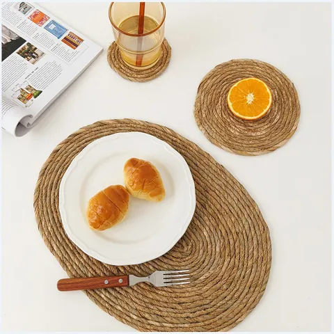 Mantel Individual Redondo de Paja de Espadaña Natural Tejido a Mano Antideslizante Resistente al Calor para Mesa de Cocina