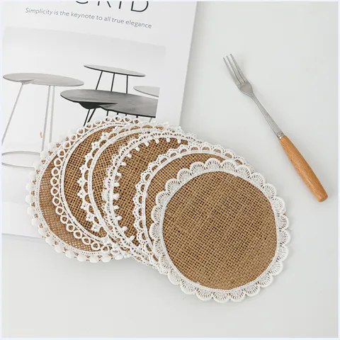 Natural Jute Burlap Coasters With White Lace Trim Pom Pom Fringe Heat Resistant Placemats For Dining Table Home Decor