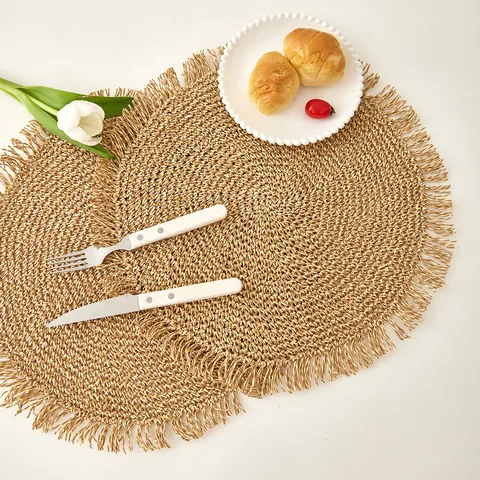 Japanese Round Woven Paper Placemat With Fringe Minimalist Crochet Dining Table Mat Coaster Heat Resistant Home Decor Beige