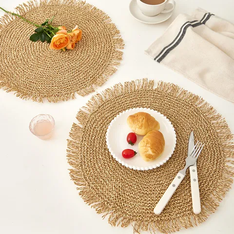 Japanese Round Woven Paper Placemat With Fringe Minimalist Crochet Dining Table Mat Coaster Heat Resistant Home Decor Beige