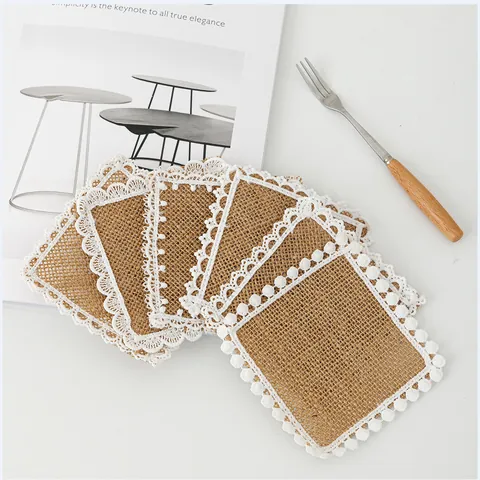 Natural Jute Burlap Coasters With White Lace Trim Pom Pom Fringe Heat Resistant Placemats For Dining Table Home Decor