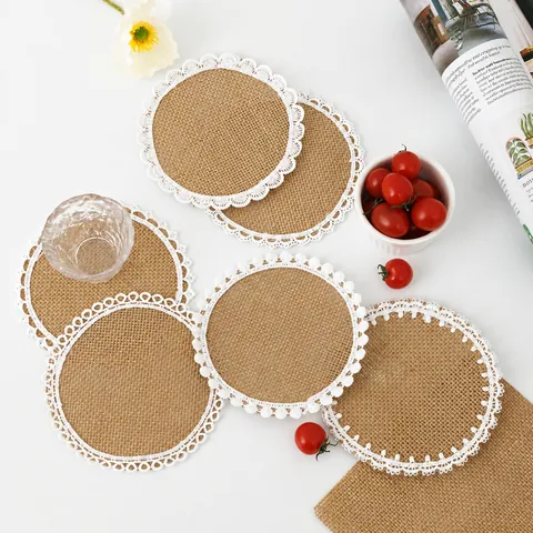 Natural Jute Burlap Coasters With White Lace Trim Pom Pom Fringe Heat Resistant Placemats For Dining Table Home Decor
