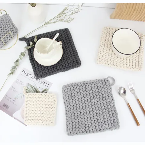 Handmade Woven Cotton Rope Placemat Square Heat Resistant Thick Coaster Absorbent Table Mat For Dining Home Decor Kitchen Minimalist