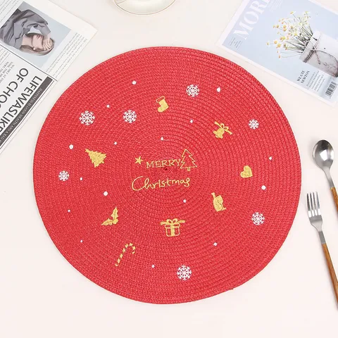 Christmas Round Braided PP Placemat Heat Resistant Red Gold Embroidered Santa Reindeer Design Table Mat For Home Party Decor