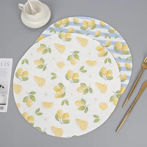 Round PP Woven Table Placemats Waterproof Heat Resistant Dining Mats For Home Kitchen Abstract Floral Lemon Pattern Decor