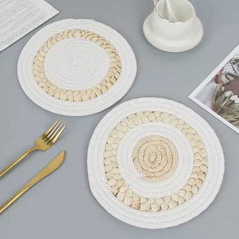 Nordic Round Woven Cotton Thread Corn Husk Placemats Heat Insulated Non Slip Table Mats Coasters Kitchen Dining Decor