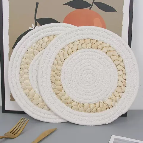 Nordic Round Woven Cotton Thread Corn Husk Placemats Heat Insulated Non Slip Table Mats Coasters Kitchen Dining Decor