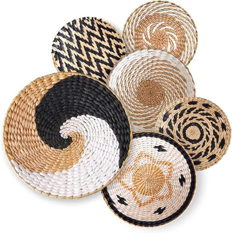 Handmade Seagrass Woven Wall Decor Round Straw Decorative Plates For Living Room Bedroom Bohemian Ethnic Style Background