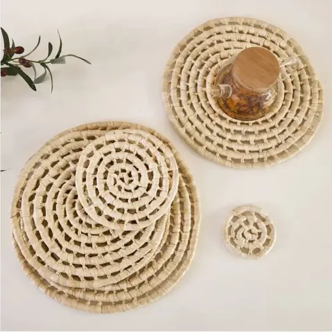 Mantel Individual Tejido de Cáscara de Maíz Redondo Hecho a Mano Posavasos Aislado Térmico para Mesa de Comedor Cocina Hogar Decoración Natural