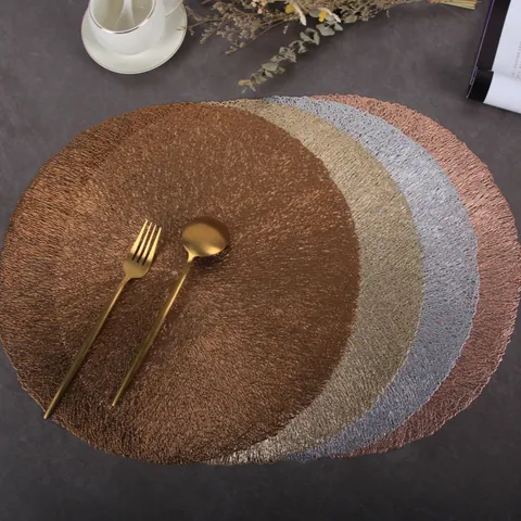 Round Hollow Out PVC Placemat Waterproof Heat Resistant Metallic Table Mat Gold Silver Decorative Coaster For Dining Table Home Party Wedding