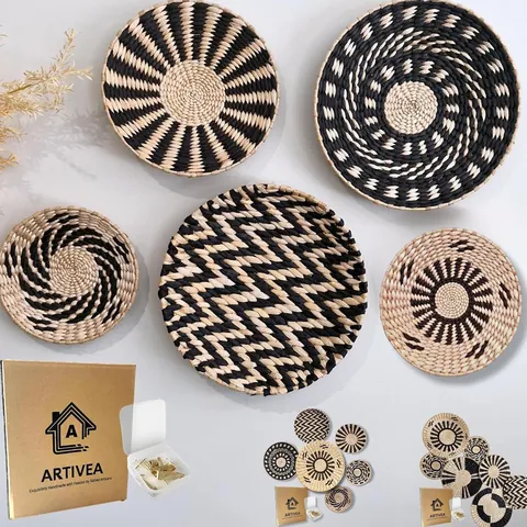 Handmade Seagrass Woven Wall Decor Round Straw Decorative Plates For Living Room Bedroom Bohemian Ethnic Style Background