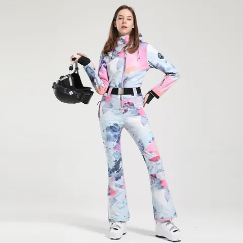 Women One Piece Ski Suit Waterproof Windproof Breathable Warm Hooded Snowboard Jumpsuit Outdoor Winter Athletic Jumpsuit