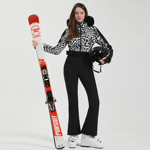 Professional Women's One-Piece Ski Suit Waterproof Windproof Warm Jumpsuit With Fur Hood And Belt Leopard Houndstooth Winter Outdoor Gear