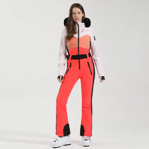 Tuta da Sci Donna Intera Impermeabile Antivento Snowboard Jumpsuit Con Collo in Pelliccia Cappuccio Cintura in Vita Abbigliamento Sportivo Invernale