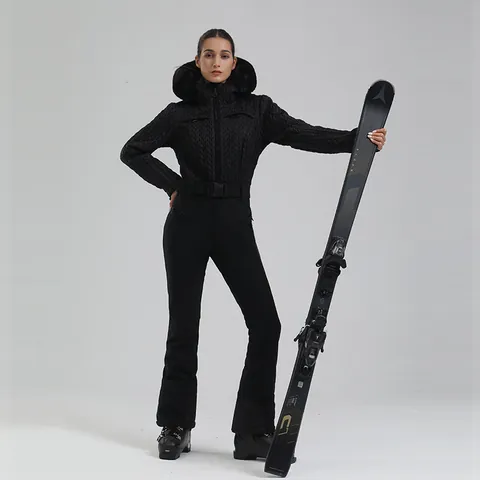 Women's Professional Ski Suit Polyester Waterproof Windproof Warm Quilted Hooded Faux Fur Collar Top And Bottom