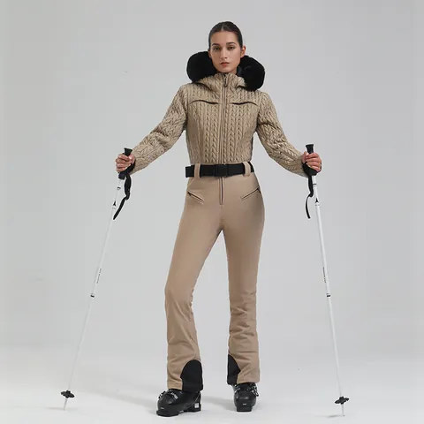 Women's Professional Ski Suit Polyester Waterproof Windproof Warm Quilted Hooded Faux Fur Collar Top And Bottom