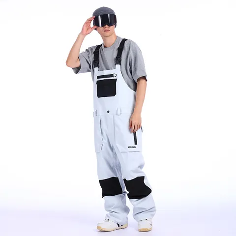 Men Waterproof Ski Bib Pants Windproof Warm Snowboarding Jumpsuit Adjustable Straps Multiple Pockets Winter Sports Trousers