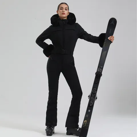 Women One-Piece Ski Suit Waterproof Windproof Slim Fit Winter Jumpsuit With Faux Fur Hood Trim Belted Outdoor Snowboard Wear