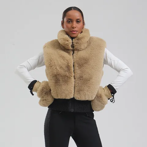 Women Faux Fur Ski Gilet Vest Winter Warm Padded Stand Collar Sleeveless Jacket With Quilted Elastic Hem For Outdoor Sport