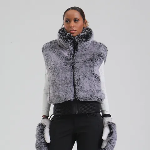 Women Faux Fur Ski Gilet Vest Winter Warm Padded Stand Collar Sleeveless Jacket With Quilted Elastic Hem For Outdoor Sport
