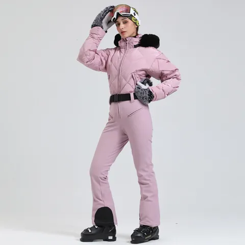 Women Top And Bottom Ski Suit Quilted White Goose Down Waterproof Windproof Warm Hooded Fur Collar Snowboard Suit