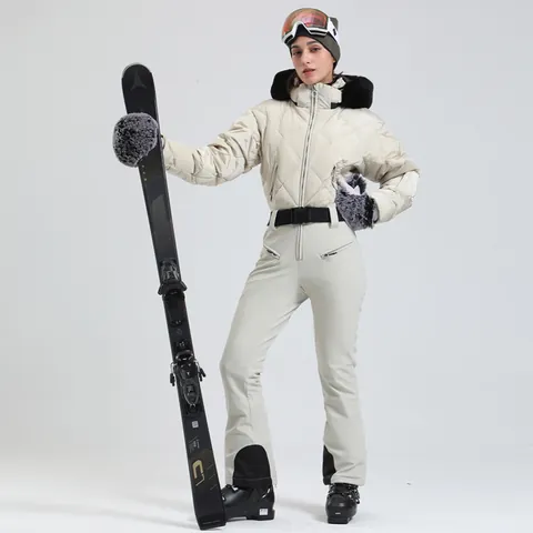 Women Top And Bottom Ski Suit Quilted White Goose Down Waterproof Windproof Warm Hooded Fur Collar Snowboard Suit