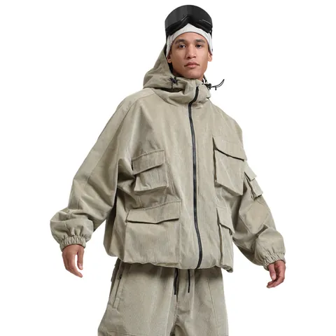 Unisex Waterproof Ski Jacket Cargo Style Multi Pocket Hooded Corduroy Texture Warm Windproof Snowboarding Coat For Men Women