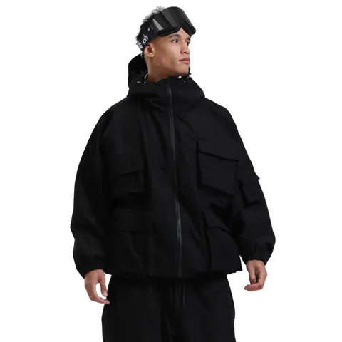 Unisex Waterproof Ski Jacket Cargo Style Multi Pocket Hooded Corduroy Texture Warm Windproof Snowboarding Coat For Men Women